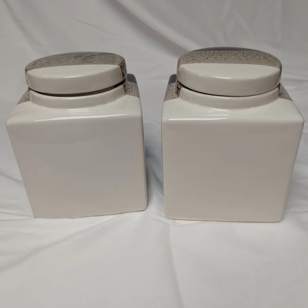 Pier 1 Canister Set Brown Tri Color Reactive Glaze 2pc Stoneware Canister
